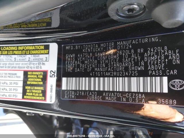 Toyota CAMRY SE 2024 4T1G11AK2RU234725 Image 9