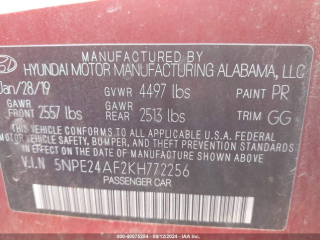 5NPE24AF2KH772256 Hyundai SONATA SE