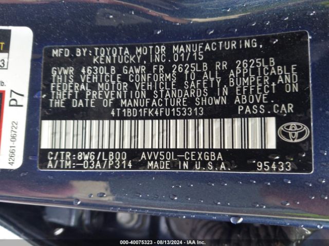 4T1BD1FK4FU153313 Toyota Camry Hybrid Xle