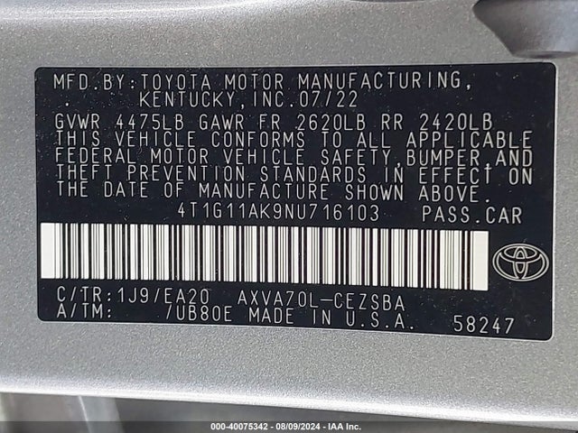 Toyota CAMRY SE 2022 4T1G11AK9NU716103 Image 9