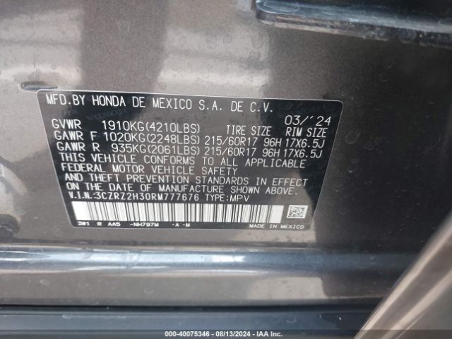 3CZRZ2H30RM777676 Honda Hr-v Awd Lx