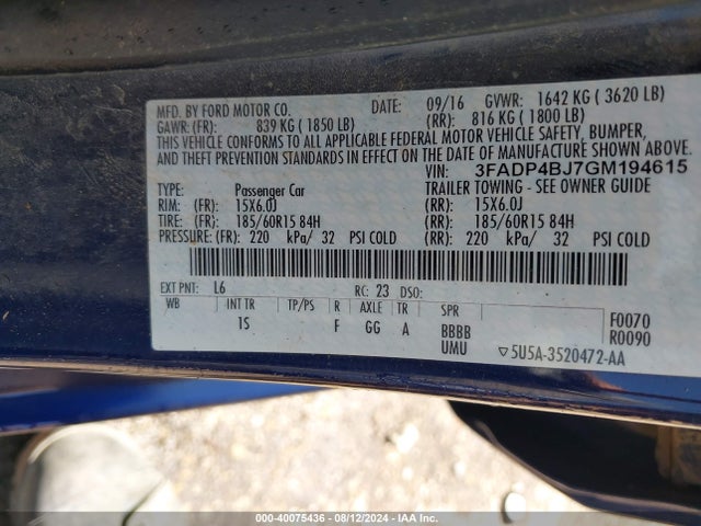 Ford FIESTA SE 2016 3FADP4BJ7GM194615 Image 9