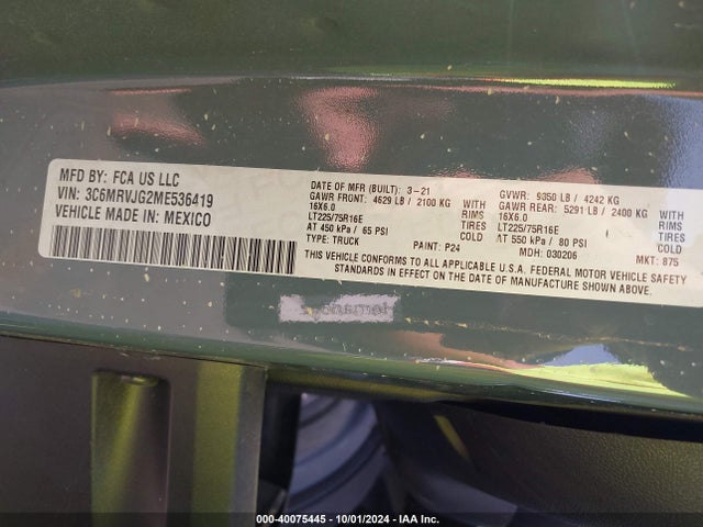 3C6MRVJG2ME536419 RAM Promaster 3500 Cargo Van High Roof 159 Wb Ext