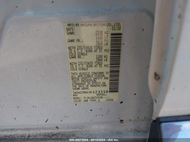 5N1AZ2MGXJN123558 Nissan Murano Platinum