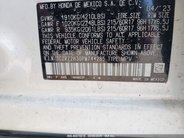 3CZRZ2H30PM744285 Honda Hr-v Awd Lx