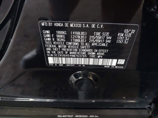3CZRU6H54NM763765 Honda Hr-v Awd Ex