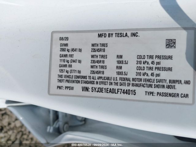 5YJ3E1EA0LF744015 Tesla Model 3 Standard Range Plus Rear-wheel Drive/standard Range Rear-wheel Drive