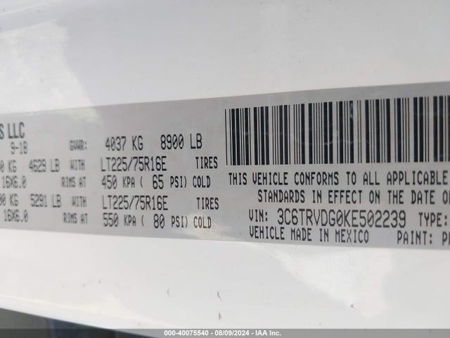 3C6TRVDG0KE502239 RAM Promaster 2500 High Roof 159 Wb