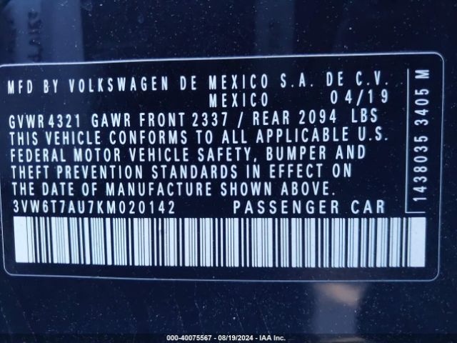 3VW6T7AU7KM020142 Volkswagen Golf Gti 2.0t Autobahn/2.0t Rabbit Edition/2.0t S/2.0t Se