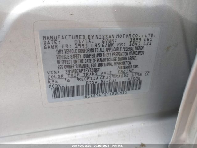 3N1AB7AP1FY230831 Nissan Sentra Fe+ S/s/sl/sr/sv
