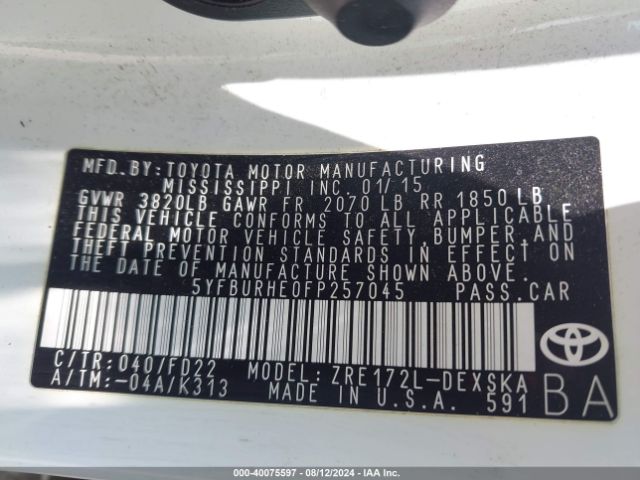 5YFBURHE0FP257045 Toyota Corolla L/le/le Pls/prm/s/s Pls