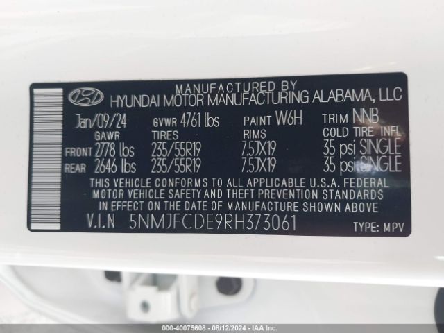 5NMJFCDE9RH373061 Hyundai TUCSON SEL