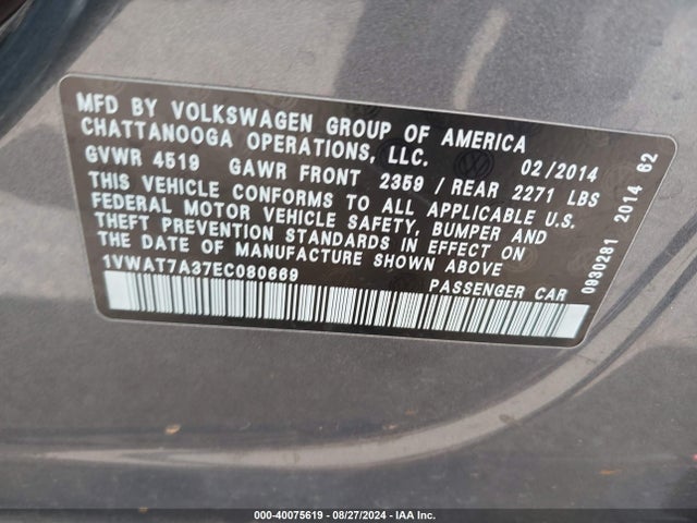 1VWAT7A37EC080669 Volkswagen Passat 1.8t Wolfsburg Edition