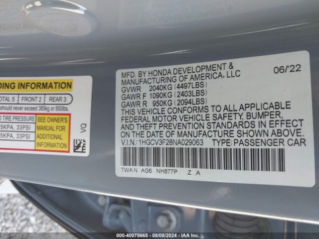 1HGCV3F28NA029063 Honda Accord Hybrid Sport