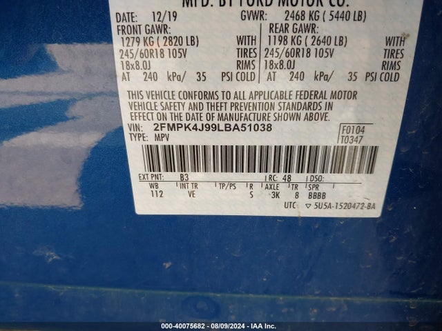 Ford EDGE SEL 2020 2FMPK4J99LBA51038 Image 9
