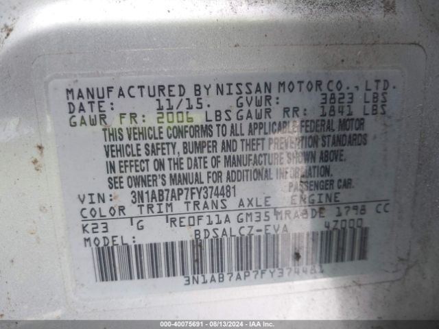 3N1AB7AP7FY374481 Nissan SENTRA S