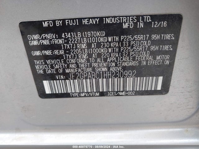 Subaru Crosstrek 2.0i Premium 2017 JF2GPABC1HH230992 Image 9