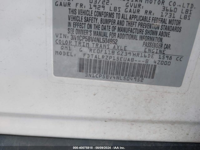 Nissan Kicks S Xtronic Cvt 2022 3N1CP5BV4NL504952 Image 9