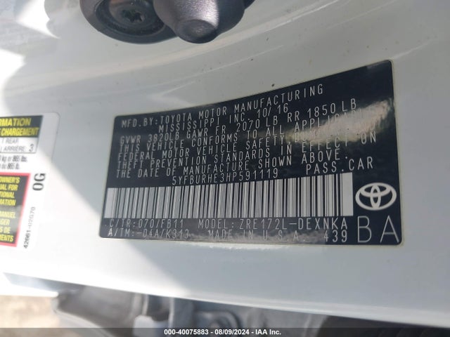 Toyota COROLLA LE 2017 5YFBURHE3HP591119 Image 9