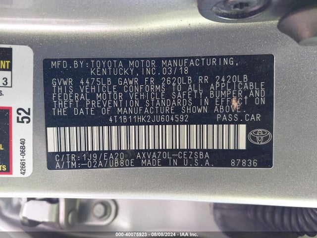 Toyota CAMRY SE 2018 4T1B11HK2JU604592 Image 9