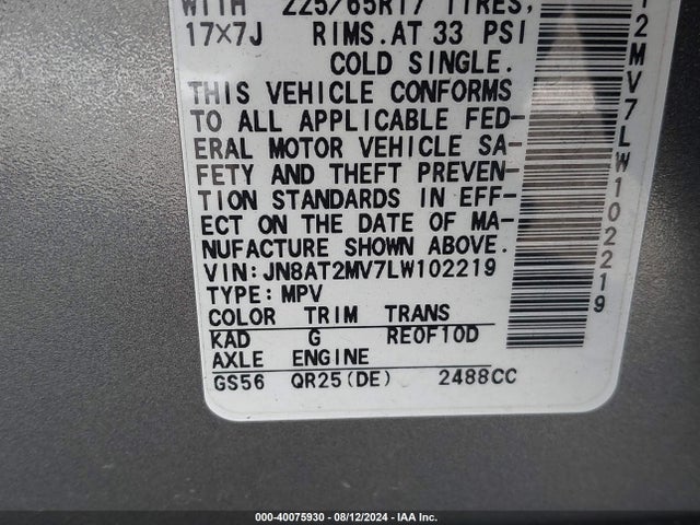 JN8AT2MV7LW102219 Nissan Rogue S Intelligent Awd