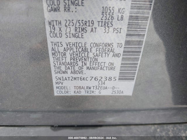 Nissan Rogue Sl 2019 5N1AT2MT6KC762385 Image 9