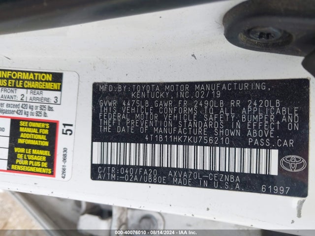 Toyota CAMRY LE 2019 4T1B11HK7KU756210 Image 9