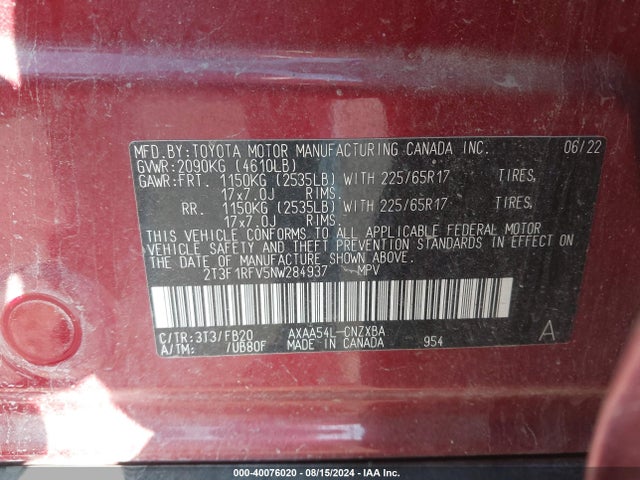 Toyota RAV4 LE 2022 2T3F1RFV5NW284937 Image 9