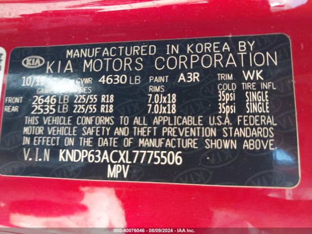 KNDP63ACXL7775506 KIA SPORTAGE S