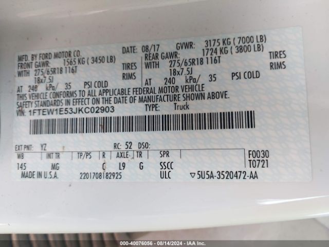 1FTEW1E53JKC02903 Ford F-150 Xlt