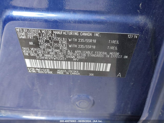 Toyota Rav4 Limited 2015 2T3YFREV7FW155451 Image 9