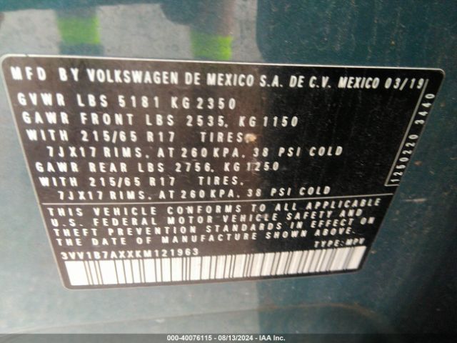 3VV1B7AXXKM121963 Volkswagen Tiguan 2.0t S