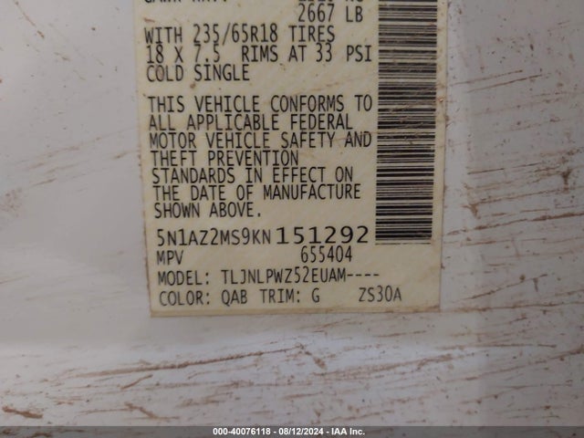 Nissan MURANO S 2019 5N1AZ2MS9KN151292 Image 9