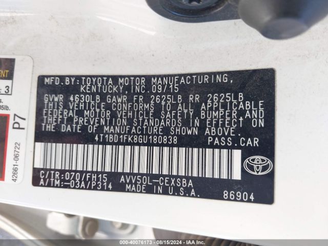 4T1BD1FK8GU180838 Toyota Camry Hybrid Se