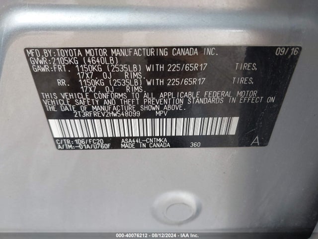 Toyota Rav4 Xle 2017 2T3RFREV2HW548099 Image 9