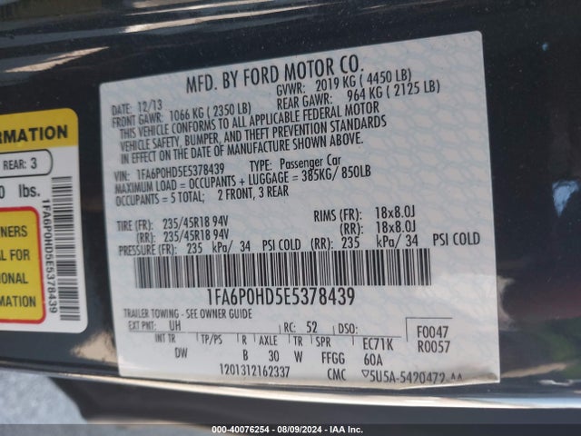 Ford FUSION SE 2014 1FA6P0HD5E5378439 Image 9