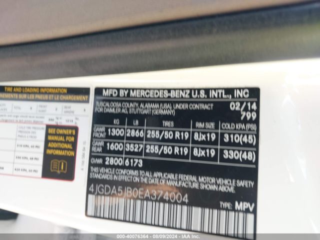 4JGDA5JB0EA374004 Mercedes-Benz ML 350