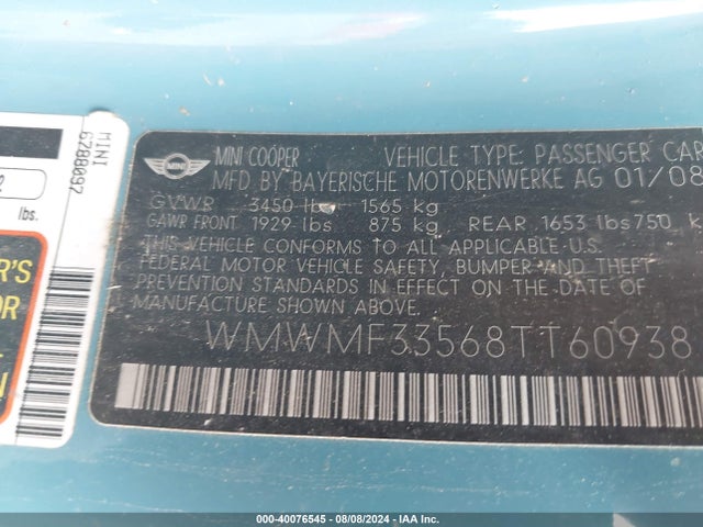 2008 MINI COOPER WMWMF33568TT60938 Photo 8