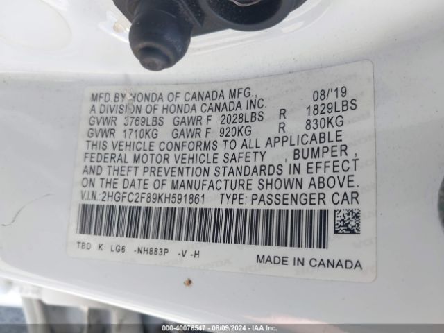 2HGFC2F89KH591861 Honda Civic Sport