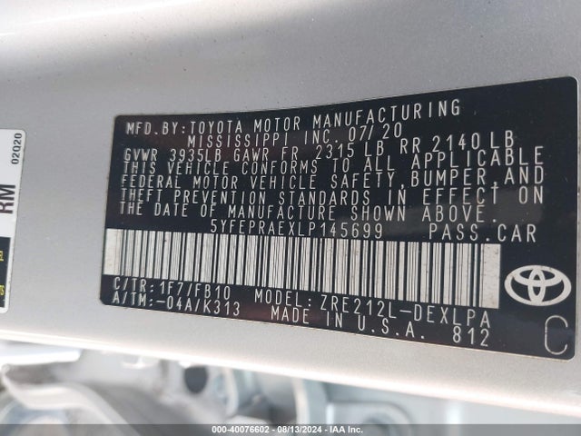 Toyota COROLLA LE 2020 5YFEPRAEXLP145699 Image 9