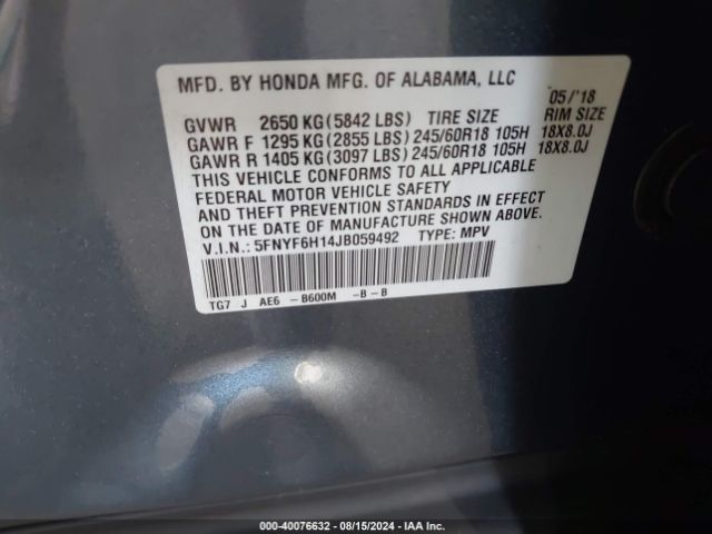 5FNYF6H14JB059492 Honda PILOT LX