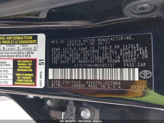 Toyota CAMRY LE 2021 4T1C11AK4MU595137 Image 9