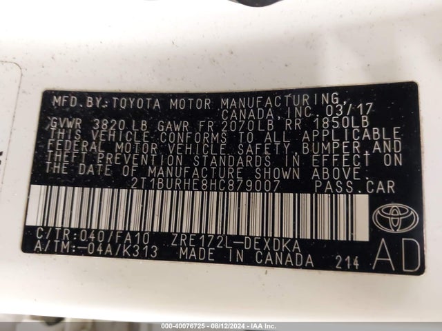Toyota COROLLA L 2017 2T1BURHE8HC879007 Image 9