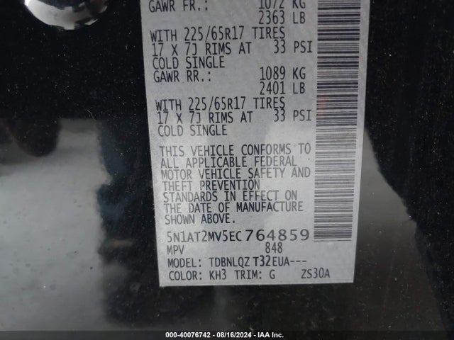 Nissan ROGUE SV 2014 5N1AT2MV5EC764859 Image 9