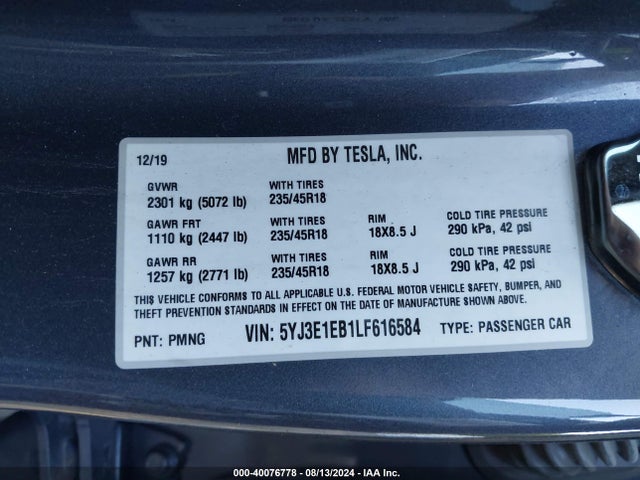 2020 TESLA MODEL 3 5YJ3E1EB1LF616584 Photo 8