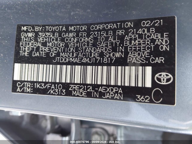 JTDDPMAE4MJ171817 Toyota COROLLA L