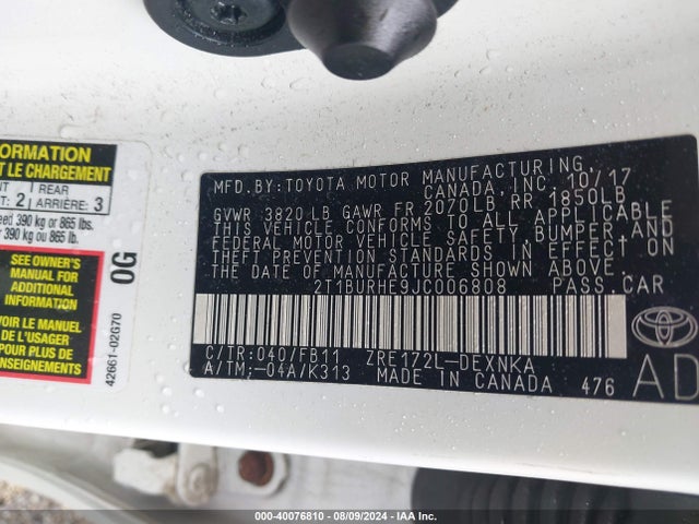 Toyota COROLLA LE 2018 2T1BURHE9JC006808 Image 9