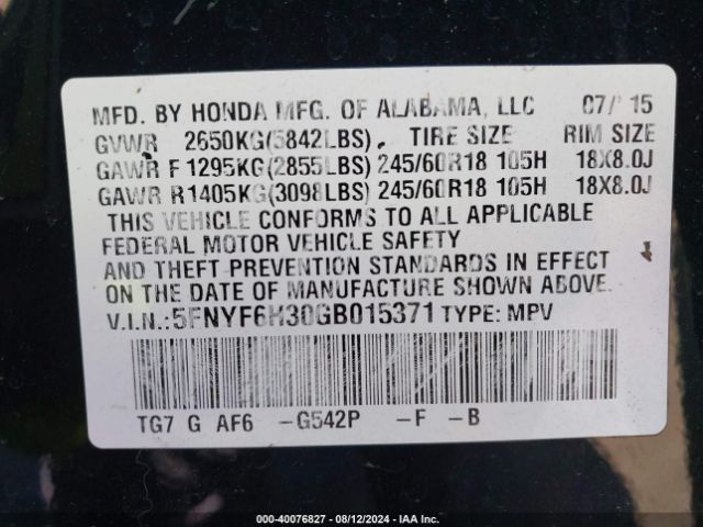 5FNYF6H30GB015371 Honda Pilot Ex