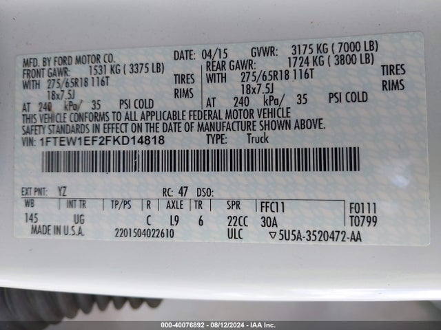 Ford F-150 Xlt 2015 1FTEW1EF2FKD14818 Image 9