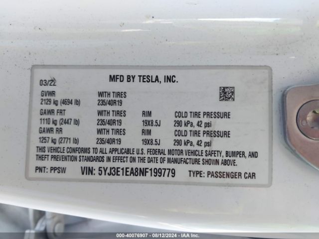 5YJ3E1EA8NF199779 Tesla Model 3 Rear-wheel Drive